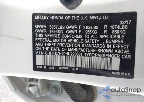 2017 Honda Civic Lx from USA, damaged, VIN SHHFK7H20HU223881